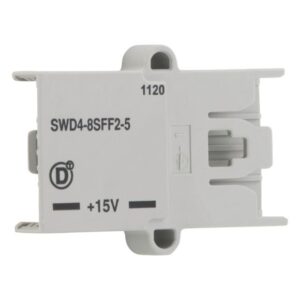 Eaton SWD4-8SFF2-5, white plastic moulding with open slot for smartwire connection terminal in and out, side angle
