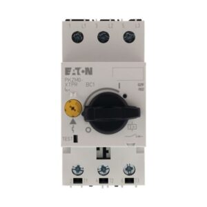 Eaton PKZM0 series, white plastic cover on black plastic dinrail mounting, terminal connections labelled L1-L3 top and bottom with yellow adjustable dial and black thumb grip handle