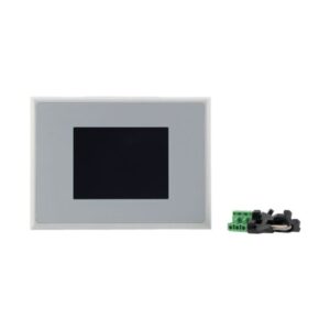 Eaton XV 102 series HMI/PLC, grey plastic bezel with resistive touch membrane and connection clips to the side of the product