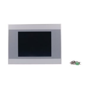 Eaton XV 102 series HMI/PLC, grey plastic bezel with resistive touch membrane and connection clips to the side of the product