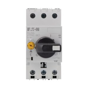 Eaton PKZM0 series, white plastic cover on black plastic dinrail mounting, terminal connections labelled L1-L3 top and bottom with yellow adjustable dial and black lockable thumb grip handle