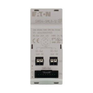 Eaton SWD4-SML8-12, White plastic casing with two sets of power terminals and one smartwire out blade terminal connection with M12 connection diagram