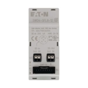 Eaton SWD4-SFL8-12, White plastic casing with two sets of power terminals and one smartwire in blade terminal connection with M12 connection diagram