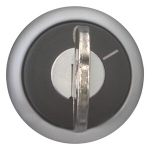Eaton M22-WRS, round black and grey plastic switch with aluminium key, labelled 0 and I