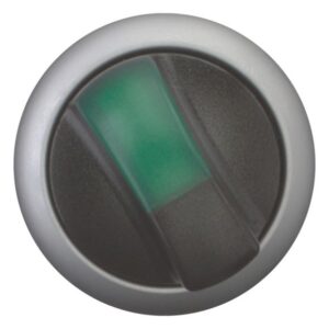Eaton M22-WRK, round black and grey plastic with black and transparent green thumb grip switch