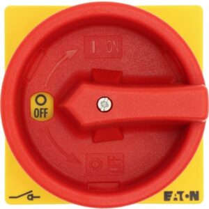 Eaton P3 series, red plastic thumb grip circular handle on yellow base labelled Off and On