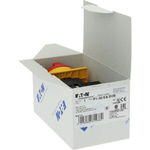 Eaton P1 series, red plastic thumb grip circular handle on yellow and black base labelled Off and On, inside product box, side angle