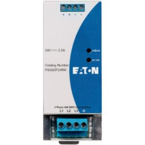 Eaton PSG series power supply, +/- terminals, L1-L3 connection block with adjustment dial and LED status, labelled 24V